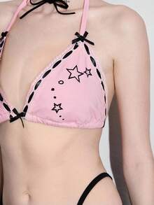 ROMWE Avant Y2K Aesthetic Lace Patchwork Bowknot Crop Top With Japanese Text Print And Rhinestones