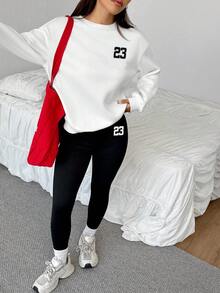SHEIN EZwear 2 件套休闲宽松圆领运动衫和紧身打底裤，23 号，街头服饰，复古，返校，复古，秋季女士休闲装，秋冬，校服，乡村，嘻哈，街头服饰，运动，健身，健身房 - 彩色 - 查看 5