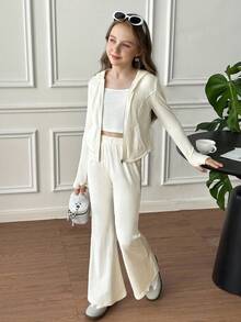 Serisse Kids Tween Girls Casual Minimalist Daily Outgoing Knitted Flannel Ribbed Hooded Zip-Up Pocket Fitted Long Sleeve Cardigan And Flared Pants Set, Autumn/Winter Fall,Suitable For Winter, Casual, Preppy, Cute & Casual & Vintage, Great For Autumn/Winter Casual, Daily Wear, School