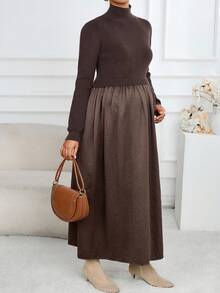 SHEIN 孕妇百褶休闲针织长袖高领连衣裙，秋季 - 咖啡棕 - 查看 6