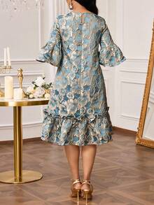 SHEIN Lady Women's Elegant Party Jacquard Ruffle Hem Mid-Length Dress - Multicolor - View 3