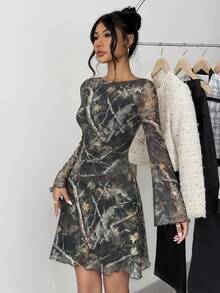 SHEIN 少女豹纹网眼喇叭袖迷你连衣裙 - 彩色 - 查看 7