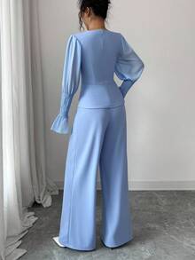 Selianne 2pcs Set: Elegant Romantic Asymmetric Collar Cinched Waist Split Hem Straight Leg Pants, Women Fall Cloth For Women - Dusty Blue - View 2