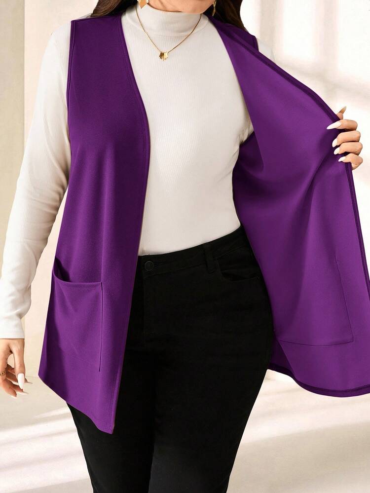Plus Size Solid Color Sleeveless Loose Pocket Simple Casual Jacket,Spring/Summer,Summer,Vacation Woman / Vacation In Fall/Winter
