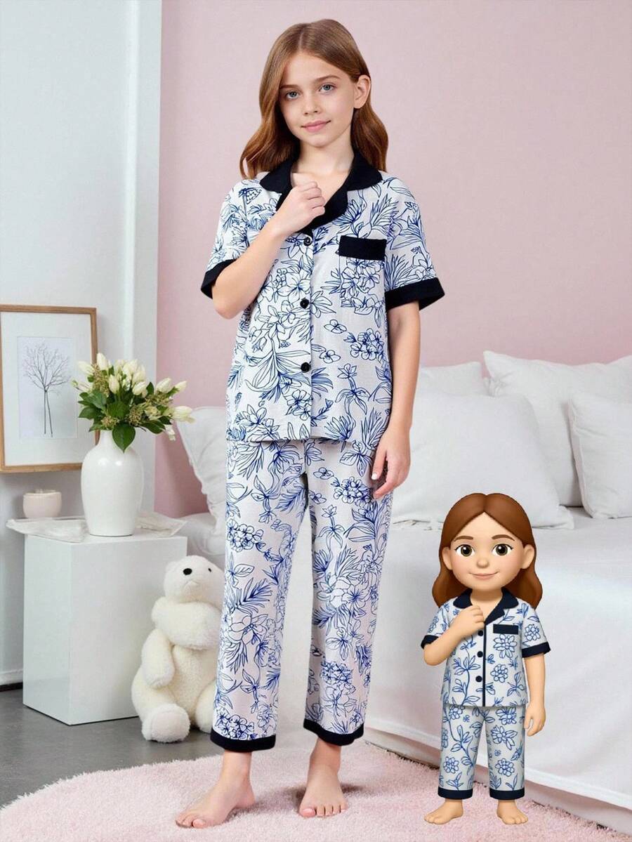 Set de pijama casual de 2 piezas con top de bloques de color y pantalones de corte relajado con estampado floral completo para niñas, primavera/verano