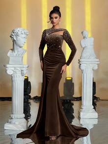 Glamrae 优雅的海军蓝天鹅绒网眼镂空手工渐变串珠垂坠鱼尾礼服 - 咖啡棕 - 查看 4