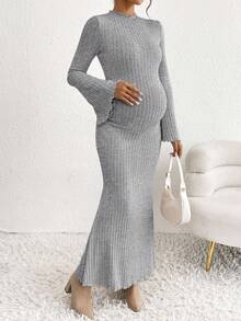 SHEIN 孕妇优雅纯色喇叭袖连衣裙 - 淺灰色 - 查看 6