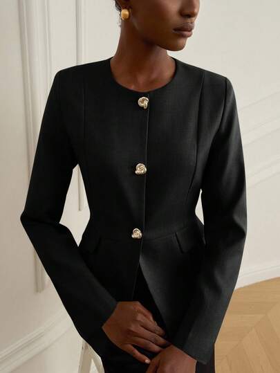 Aveloria Modichic Minimalist Elegant Quality Women's Commuter Versatile Vintage Luxurious High-End Design Solid Color Round Neck Metal Buckle Waist Decorative Split Waist Slimming Long Sleeve Blazer