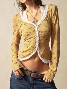 Bohemela 女式休闲针织印花长袖上衣 - 黃色 - 查看 4