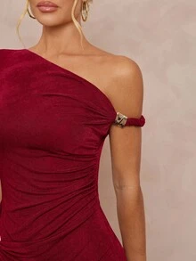 Lumalex Asymmetric Shoulder Exposed Shoulder Metal Decor Waist Fitted Dress For Women - Red - View 7