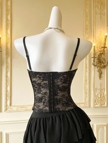 SHEIN MOD Lace Sexy Bustier Top With Fishbone Stitching And Spaghetti Straps, Fashion Outerwear - Black - View 2