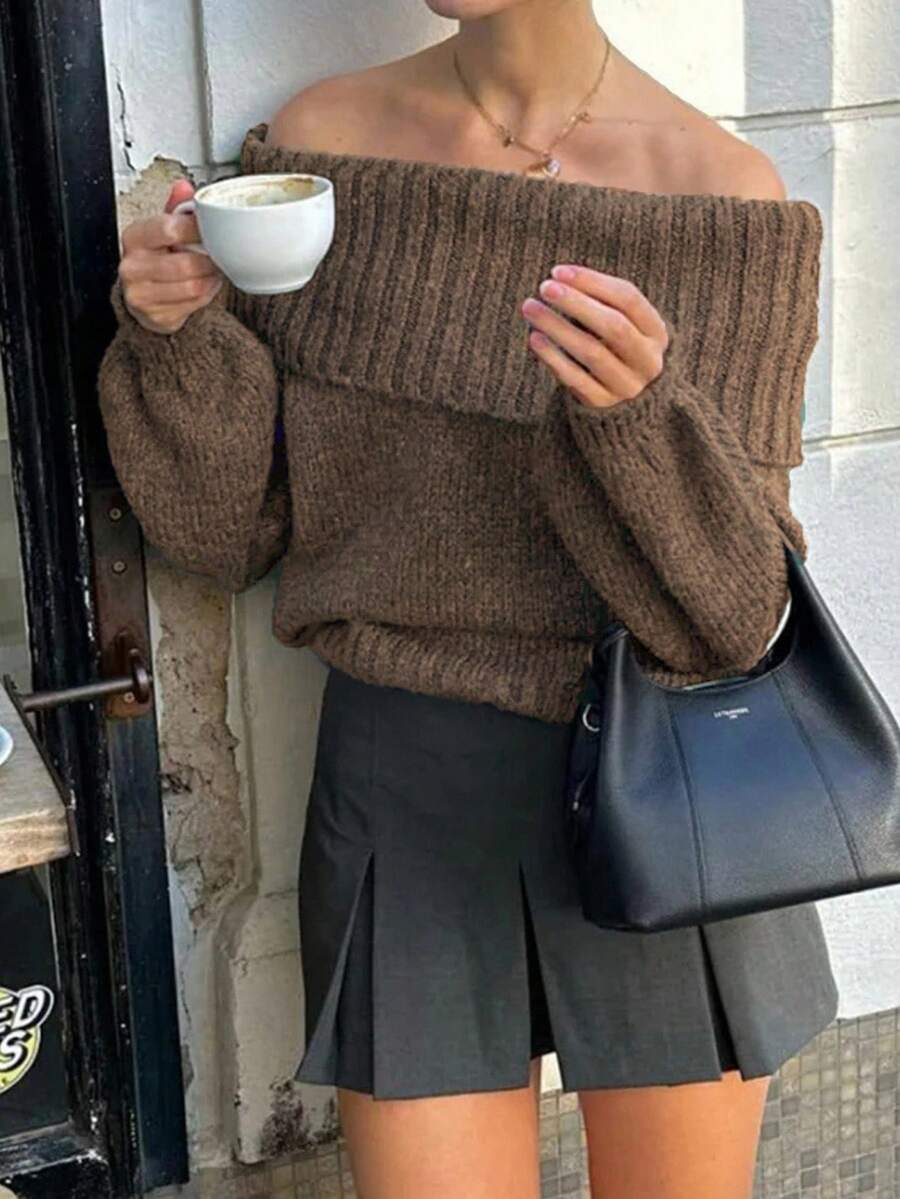 INAWLY 女士纯色露肩长袖简约毛衣、休闲日常、长袖上衣