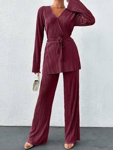 SHEIN Tall Solid Cross Belted Top & Wide Leg Pants Two Piece Set Women Elegant Formal Two Piece Set Two Piece Pants Set Women Pleated Two Piece Set Pants Suit Modest Two Piece Set - Burgundy - View 3