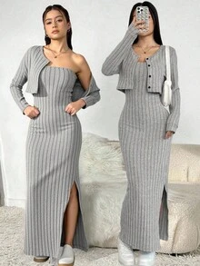 2 件套：休闲罗纹短款飞行员夹克 + 修身短款连衣裙，适合少女穿着，舒适百搭，秋冬 - 杏色 - 查看 1