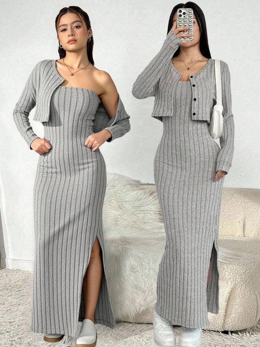 2 件套：休闲罗纹短款飞行员夹克 + 修身短款连衣裙，适合少女穿着，舒适百搭，秋冬 - 杏色 - 查看 1