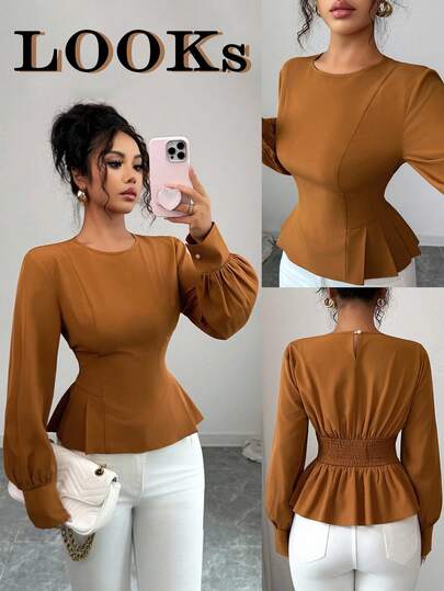 Elenzga 新款女式圆领长袖梭织面料后腰抽绳设计休闲百搭收腰修身优雅衬衫，春秋季女式上衣