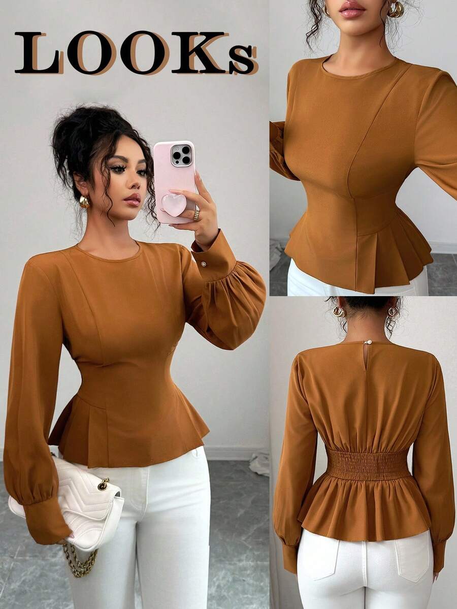 Elenzga 新款女式圆领长袖梭织面料后腰抽绳设计休闲百搭收腰修身优雅衬衫，春秋季女式上衣 - 棕色 - 查看 1