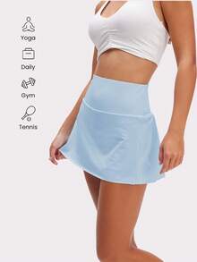 Eassivo Eassivo 女士休闲纯色运动迷你裙（带紧身短裤衬里） - 藍色 - 查看 4