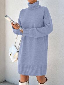 EURMUSE 休闲宽松高领长袖纯色女式毛衣连衣裙 - 淺藍色 - 查看 3
