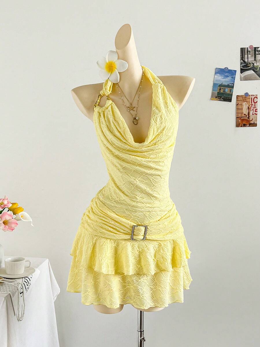 Soleia Women's Holiday Soft Yellow Textured Knit Draped Neck Metal Decor Shoulder Strap Swing Hem Double Layer Metal Button Closure Fitted Mini Dress, Sexy Slim Fit Fashion For Party, Date, Valentine's Day, Western, Cruise, Holiday, Beach, Music Festival, Boho Vacation Butter Yellow Dress Yellow Mini Dress Love And Lemonade Dress Yellow Vacation Dress Yellow Dress Summer Love And Lemonade Dresses Halter Neck Dress For Woman Yellow Sundress Women Yellow Halter Dress - Light Yellow - View 1