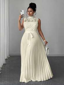 Maweii Plus Size Women Solid Color Sleeveless Lace Pleated Waist Dress - Apricot - View 1