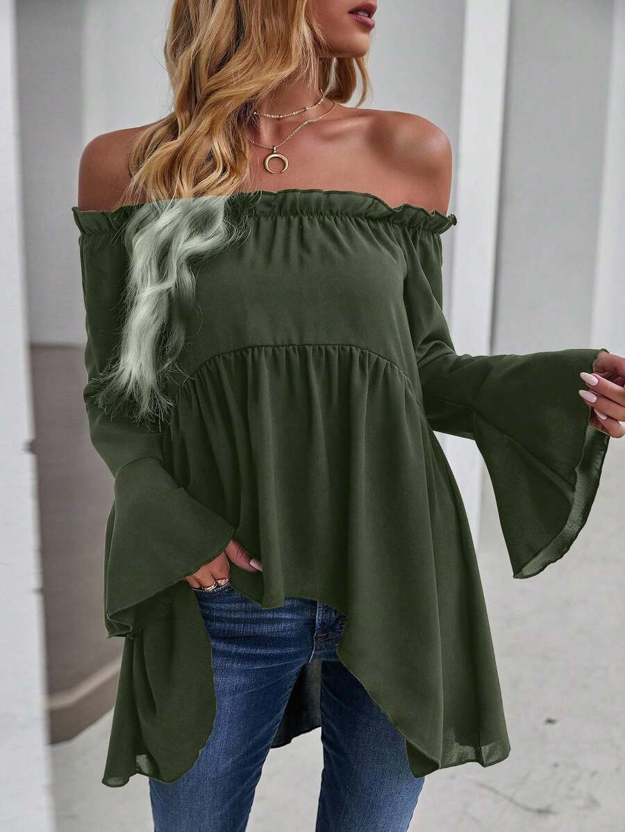 SHEIN LUNE 露肩荷叶边袖高低衬衫荷叶边上衣 - 軍綠色 - 查看 1