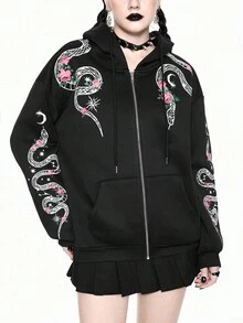 ROMWE Gothic Style Snake & Floral Print Women Hoodie With Thermal Lining - Black - View 10
