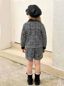 SHEIN Elladie kids 小女孩可爱黑白长袖假口袋设计外套搭配舒适运动短裤，秋冬套装 - 黑色 - 查看 2