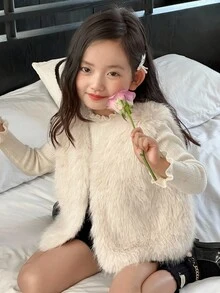 DAZY Young Girl Fluffy Vest Jacket Fall, Winter - Camel - View 5