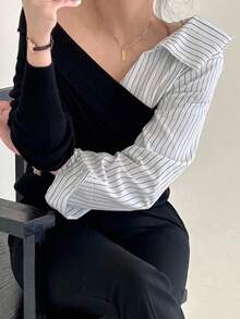 DAZY 女式撞色拼布不对称设计套头衫，春秋 - 黑色 - 查看 5