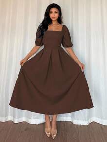 Elenzga Women's Elegant Minimalist Pleated Hem A-Line Dress With Puff Sleeves, Suitable For Commute, Office, Business, Casual, Vacation, Afternoon Tea, Party, Solid Color