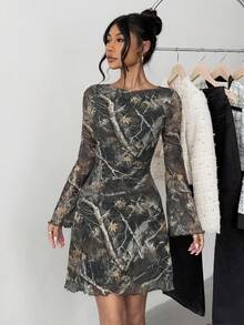 SHEIN 少女豹纹网眼喇叭袖迷你连衣裙 - 彩色 - 查看 1