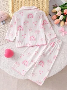 2pcs Baby Girls' Casual Loose Fit Rainbow Cloud Print Long Sleeve Cardigan And Pants Homewear Set, Pink Cute Pj Set Fall Winter - Pink - View 2