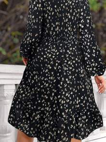 EMERY ROSE Vestido casual de manga farol con bolsillo, cintura con cordón y estampado todo sobre, talla grande, otoño