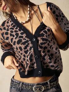 Bohemela Women's Casual Leopard Print Drop Shoulder Long Sleeve Knit Cardigan, Autumn/Winter
