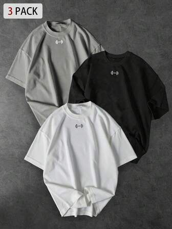 Sport MetroGents 男士休闲杠铃印花圆领短袖运动T恤，夏季