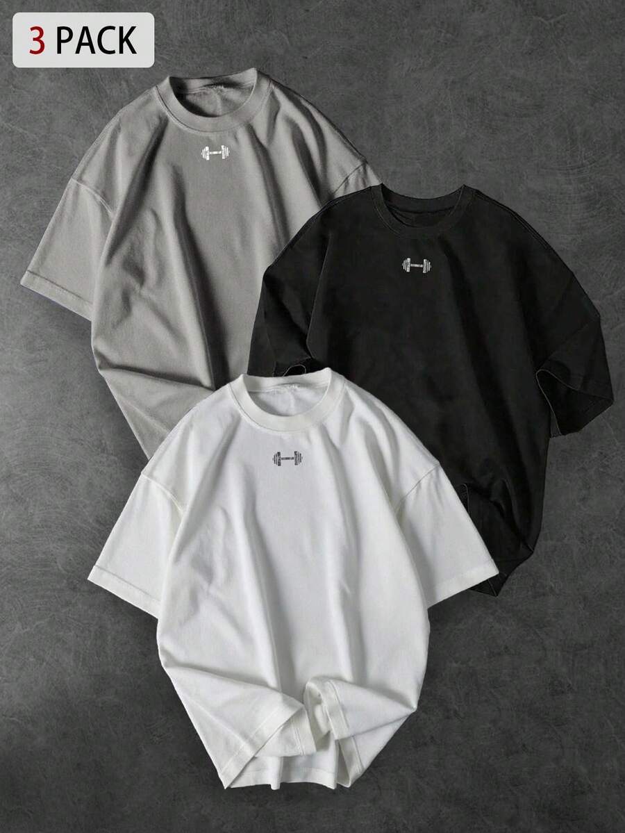 Sport MetroGents 男士休闲杠铃印花圆领短袖运动T恤，夏季