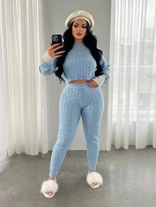 SHEIN SXY 女款休閒學院風水藍色拼接刺繡長袖上衣與內搭褲套裝，秋冬居家旅行毛衣套裝 - 藍白色 - 查看 8