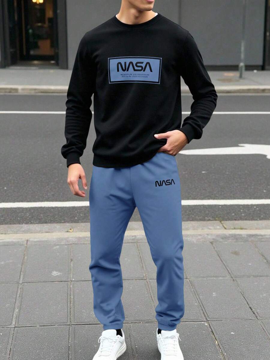 SHEIN 2 件青少年男孩休闲日常百搭舒适字母图案印花宽松圆领运动衫和休闲慢跑裤套装 - 霧霾藍 - 查看 1