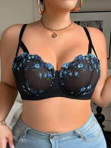 Elorette 1pc Plus Size Mesh Embroidered Underwire Bra Floral Bra Balconette Bra Plus Size Bra Plus Size Push Up Bra Embroidered Bra, Lift - Multicolor - View 3