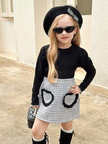 SHEIN Elladie kids 2pcs/Set Young Girls Cute Black Lantern Sleeve Comfortable Black Basic Top Paired With Adorable Heart-Patterned White Plaid Skirt Fall Winter - Black - View 5