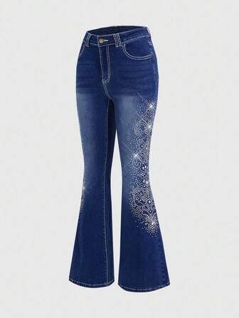 J-Fashion Jeans a zampa di donna in stile retrò Y2K con motivo floreale e decorazioni in strass