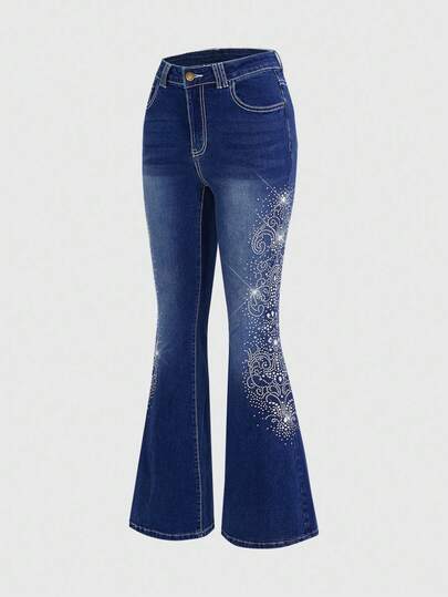 J-Fashion Jeans a zampa di donna in stile retrò Y2K con motivo floreale e decorazioni in strass