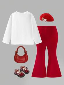 2pcs Baby Girls Outfit Set, White Long Sleeve T-Shirt With 3D Cute Cherry Decor, Tight-Fitting Red Bell-Bottom Pants, Comfortable & Adorable, Suitable For Back To School, Autumn Fall Winter  Christmas Costumes - Red - View 2