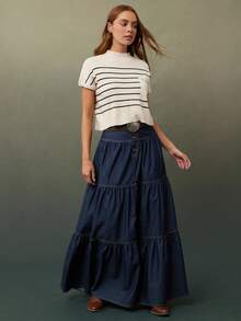 WESTFADE 女式立领短袖罗纹针织胸袋条纹毛衣上衣西部风 - 彩色 - 查看 4