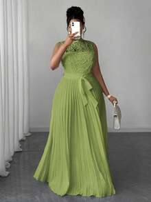 Maweii 女式加大码优雅纯色蕾丝褶腰无袖连衣裙 - 綠色 - 查看 3