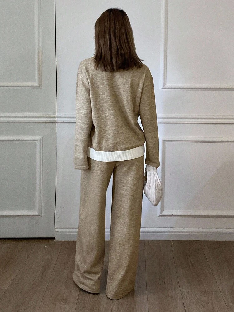 Women's Casual Contrast Color Patchwork Sweater & Pants 2 Pieces Set, Autumn