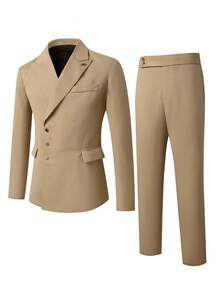 Manfinity Mode Men's Solid Color Lapel Neck Long Sleeve Double Breasted Blazer And Pants Casual Suit Set, Old Money - Khaki - View 3
