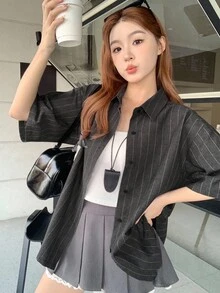 DAZY Women's Dark Grey Pinstriped Casual Blouse With Half Sleeves And Collar Neckline For A Chic Everyday Look - Dark Grey - View 6