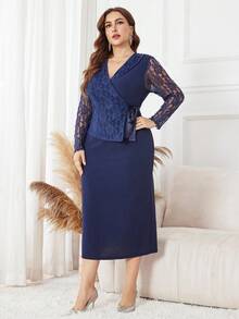 Lacomfia 大码女式不对称领口系带蝴蝶结蕾丝拼接优雅日常通勤连衣裙 - 藍色 - 查看 4